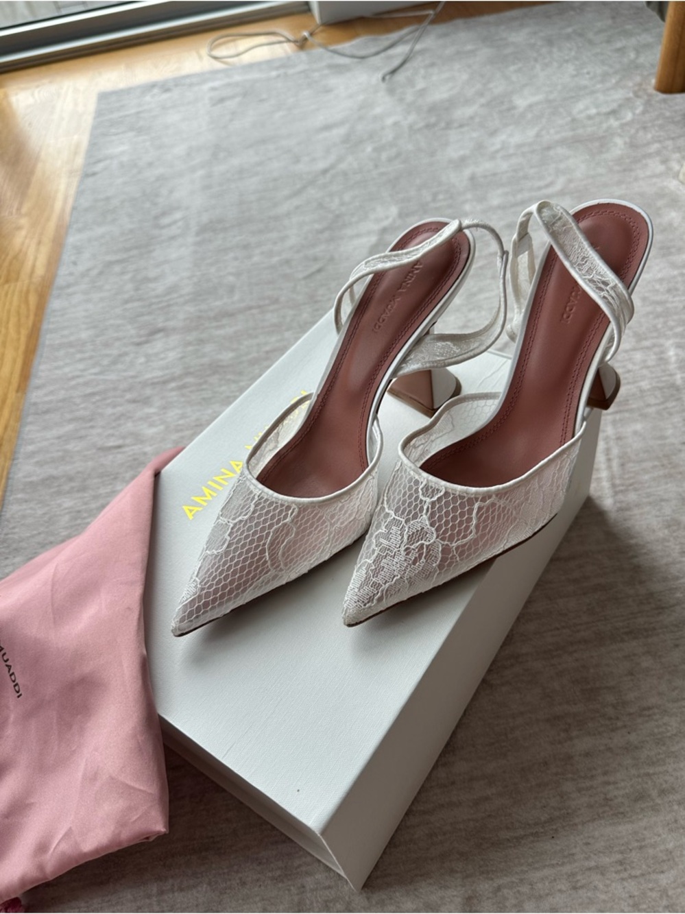 Amina Muaddi White Lace Slingback Pointed Pumps